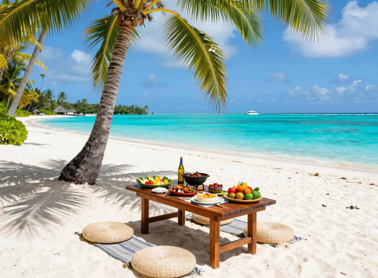 White-sand motu beach on the Bora Bora lagoon