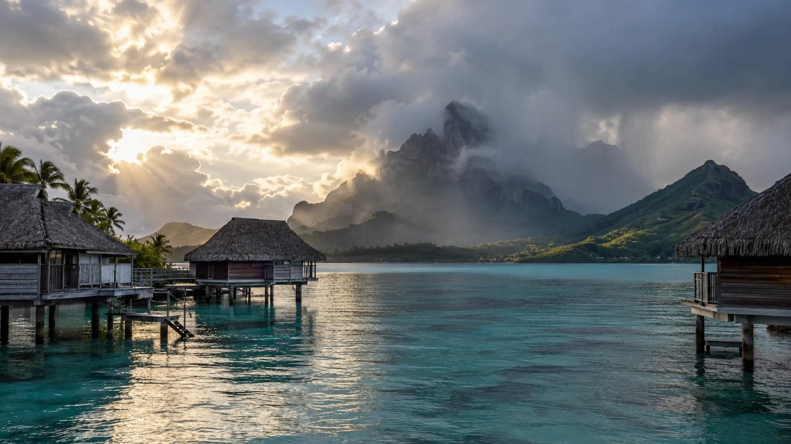 Rain clouds and sun breaking over Mount Otemanu behind overwater bungalows in the wet season
